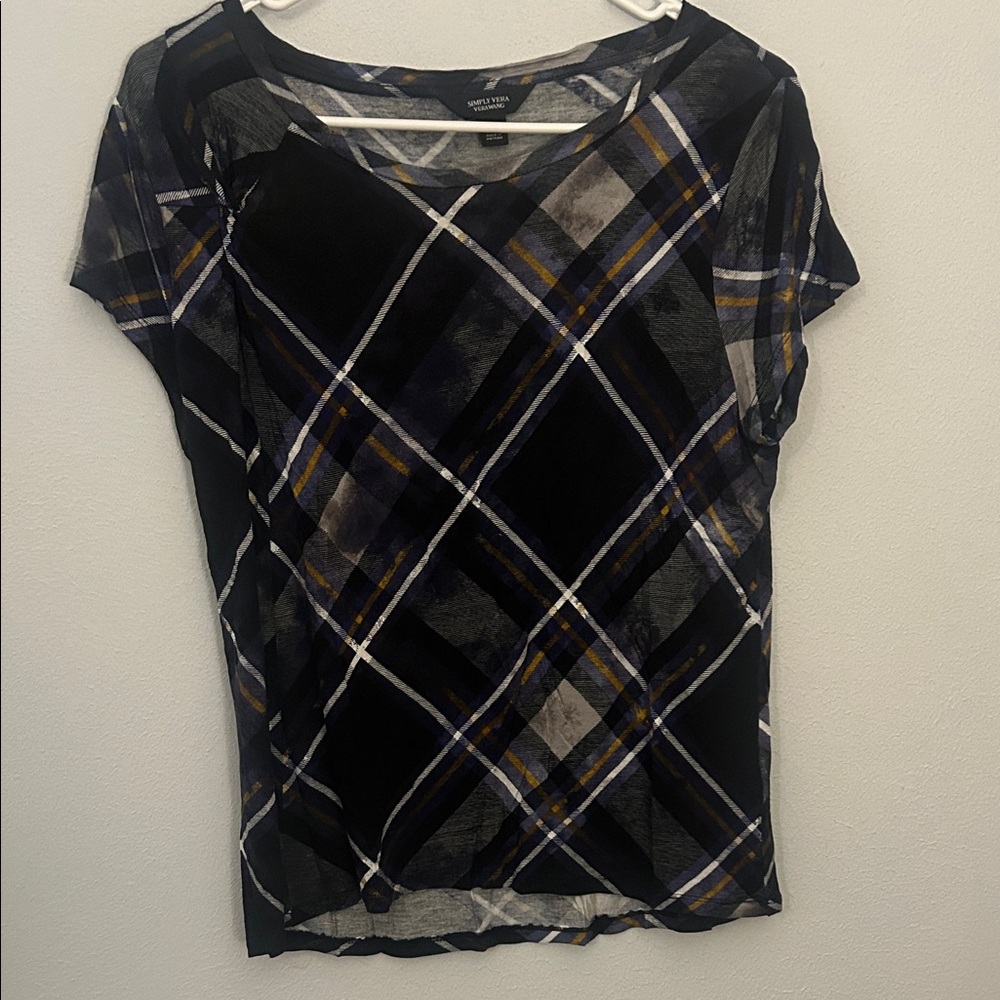 White House Black Market Plaid Short Sleeve Tee